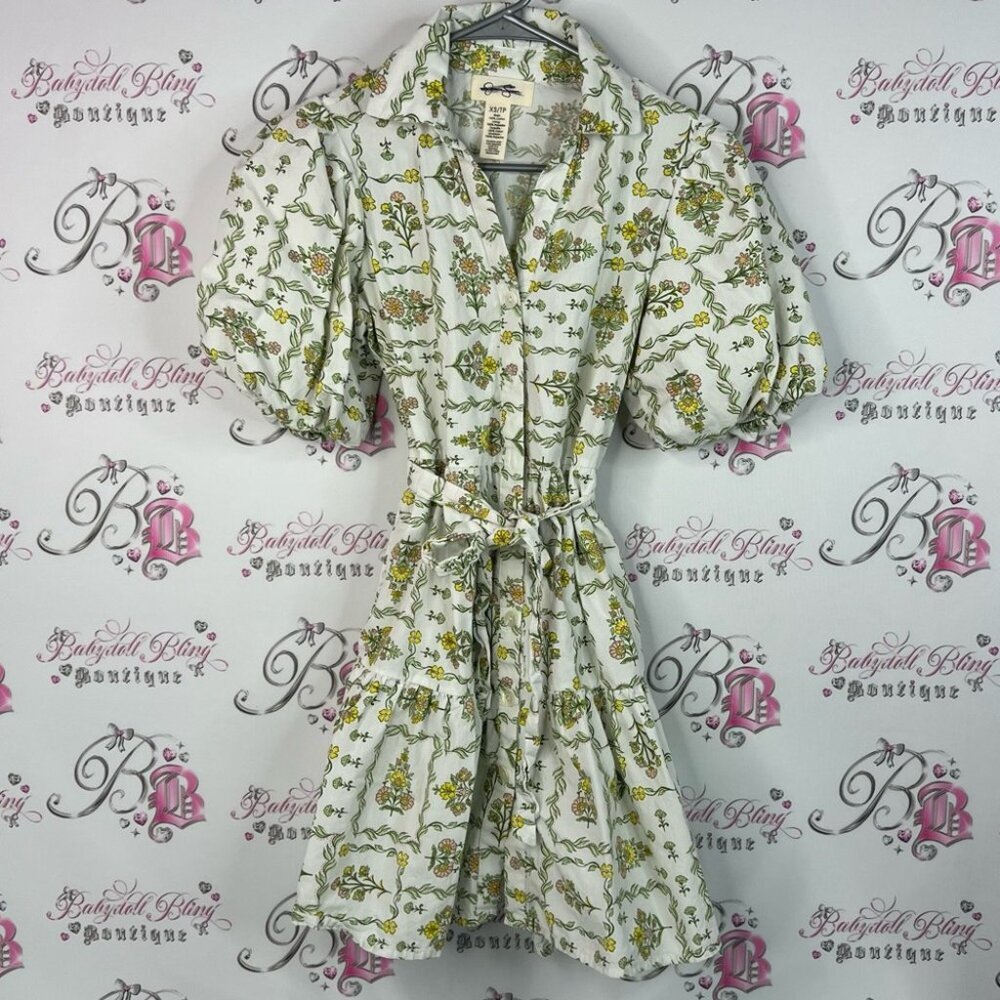 Jessica Simpson dress flowers button up puff sleeve Green and White Mini Dress